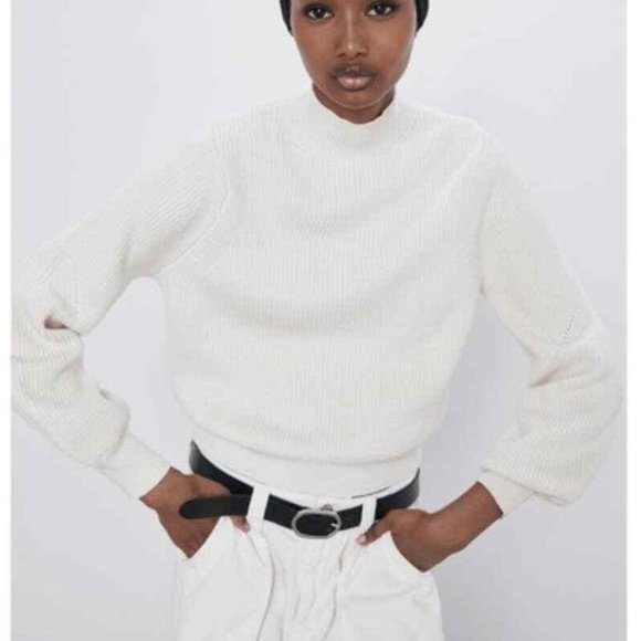 Zara Ribbed Balloon Sleeve Mockneck Knit Sweater - Ivory - Small - Picture 1 of 4